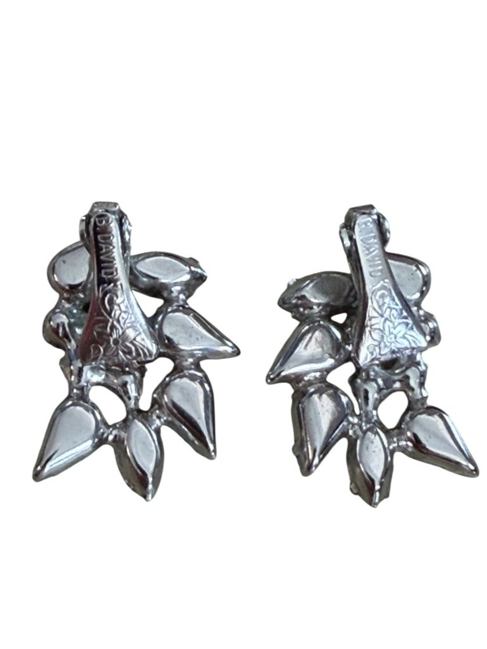 Vintage B. DAVID Signed AB Rhinestone Pearl Climbing Clip Earrings Silver Tone - Picture 2 of 3